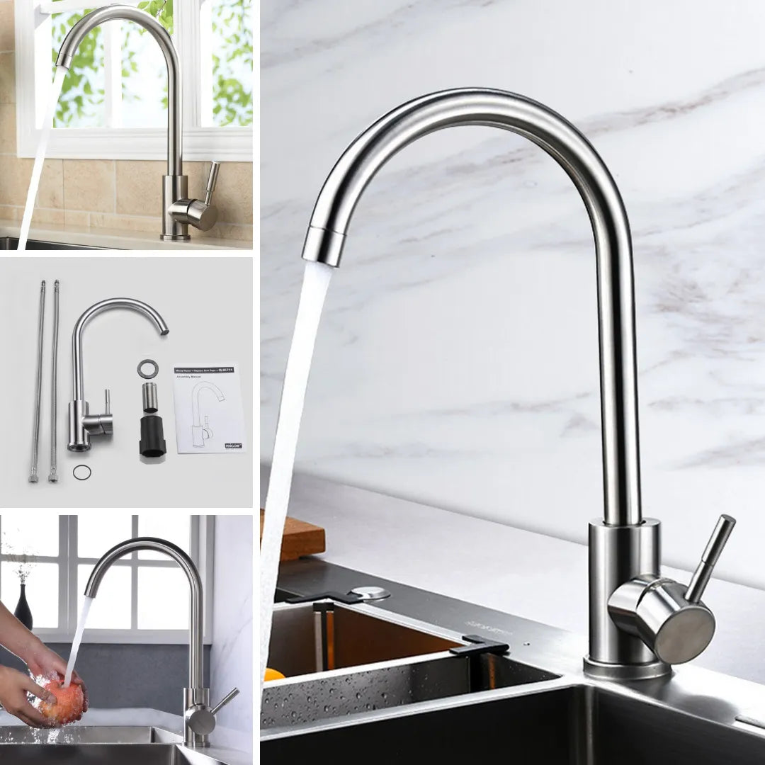 304 Stainless Steel Kitchen Sink Mixer Tap | 360° Swivel Hot & Cold Single Lever Faucet