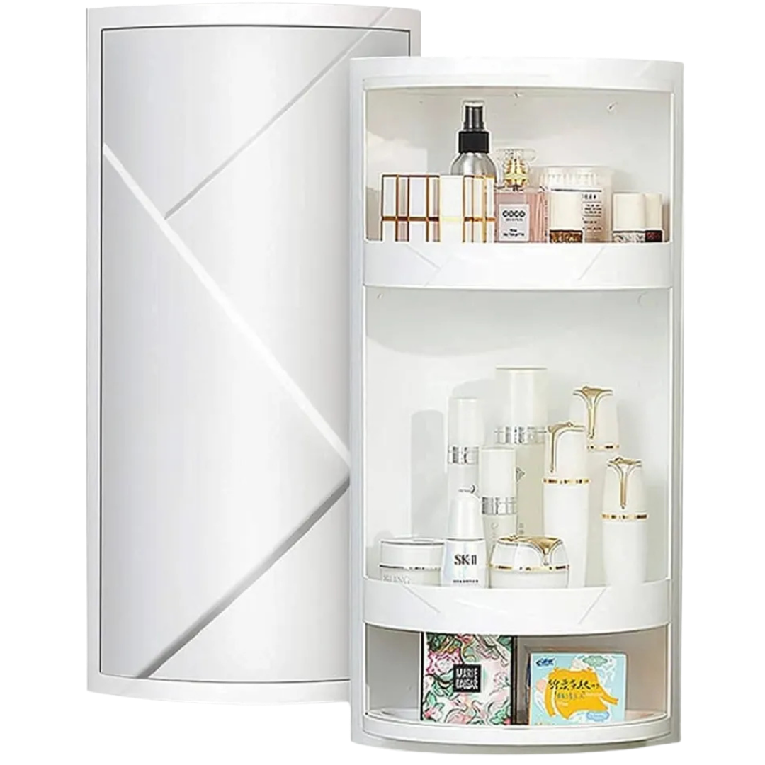 360° Rotating Corner Cabinet Rack | Waterproof Bathroom & Kitchen Storage Shelf – Drill-Free Wall Mount