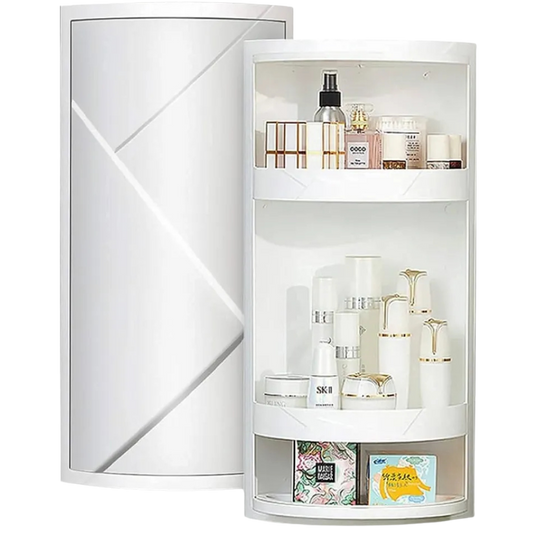 360° Rotating Corner Cabinet Rack | Waterproof Bathroom & Kitchen Storage Shelf – Drill-Free Wall Mount
