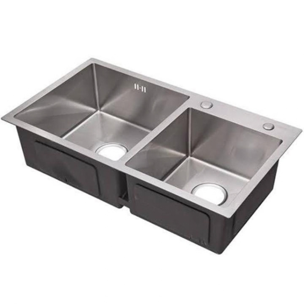 32×18 Inches Handmade Kitchen Sink 8245 | 304 Stainless Steel | Double Bowl | Drains + Rinse Basket