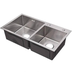 32×18 Inches Handmade Kitchen Sink 8245 | 304 Stainless Steel | Double Bowl | Drains + Rinse Basket