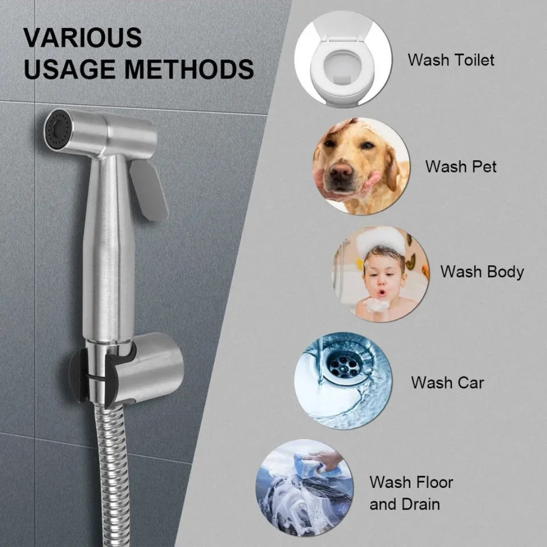 Stainless Steel Handheld Bidet Spray Gun | Toilet & Bathroom Sprayer with Adjustable Flow & Pause Function