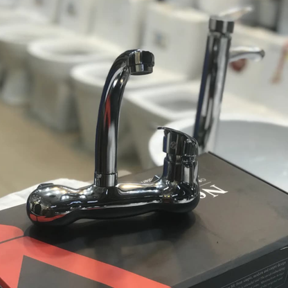 Glossy Chrome Wall Mounted Sink Mixer Tap | Hot & Cold Single Lever Kitchen Faucet with Swivel Spout