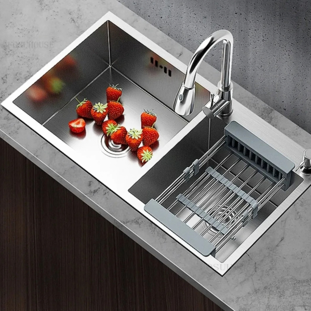 32×18 Inches Handmade Kitchen Sink 8245 | 304 Stainless Steel | Double Bowl | Drains + Rinse Basket