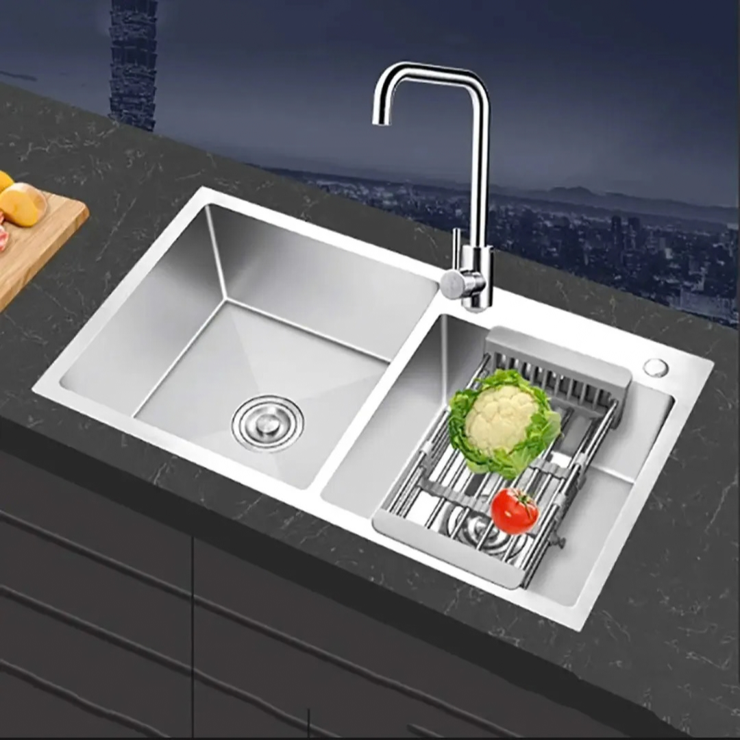 32×18 Inches Handmade Kitchen Sink 8245 | 304 Stainless Steel | Double Bowl | Drains + Rinse Basket
