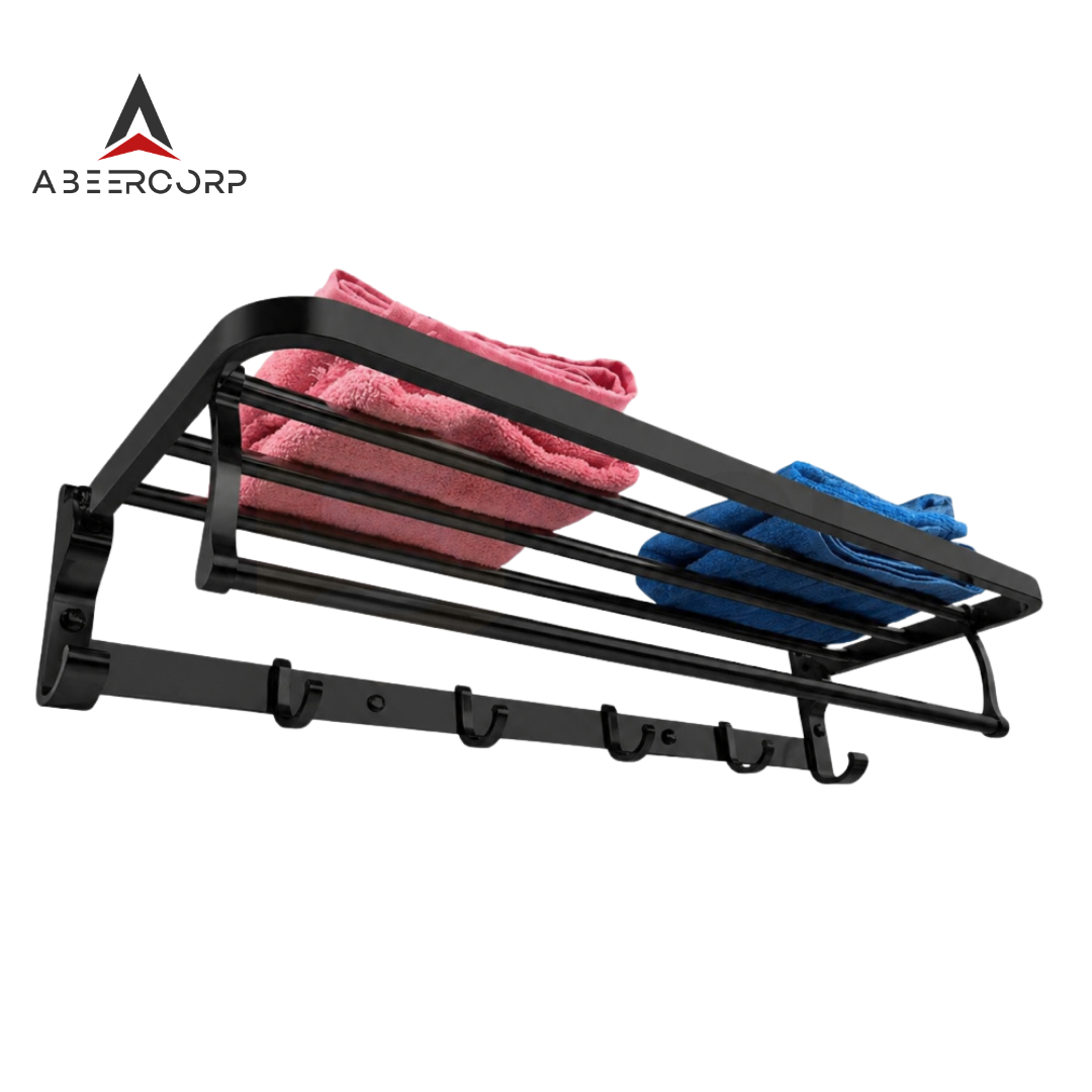 Double Towel Rack 60CM | Wall Mounted Space Aluminum Bathroom Towel Holder – 5 Hooks, 30KG Capacity