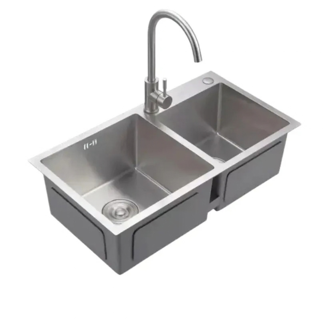 32×18 Inches Handmade Kitchen Sink 8245 | 304 Stainless Steel | Double Bowl | Drains + Rinse Basket
