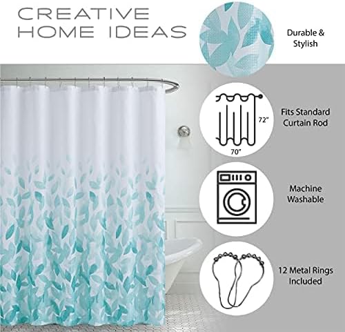 Aqua Ombre Leaves Textured Fabric Shower Curtain Set | 70"×72" Bathroom Curtain with 12 Metal Rings – Machine Washable