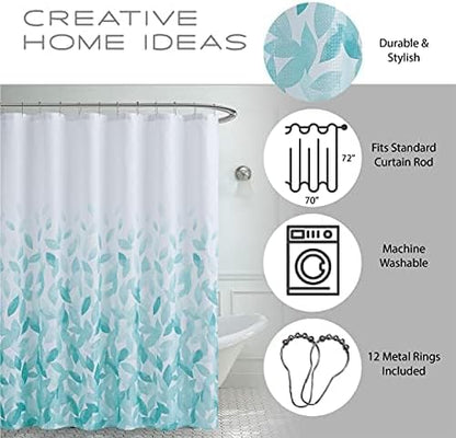 Aqua Ombre Leaves Textured Fabric Shower Curtain Set | 70"×72" Bathroom Curtain with 12 Metal Rings – Machine Washable