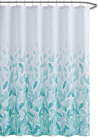 Aqua Ombre Leaves Textured Fabric Shower Curtain Set | 70"×72" Bathroom Curtain with 12 Metal Rings – Machine Washable