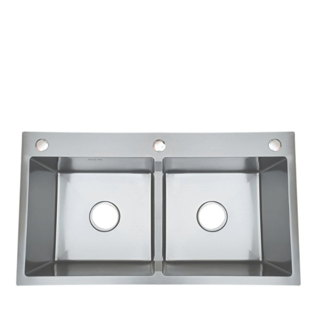 32×18 Inches Handmade Kitchen Sink 8245 | 304 Stainless Steel | Double Bowl | Drains + Rinse Basket