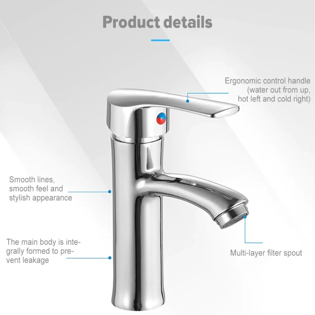 Silver Chrome Bathroom Basin Mixer Faucet | Single Handle Hot & Cold Washbasin Tap