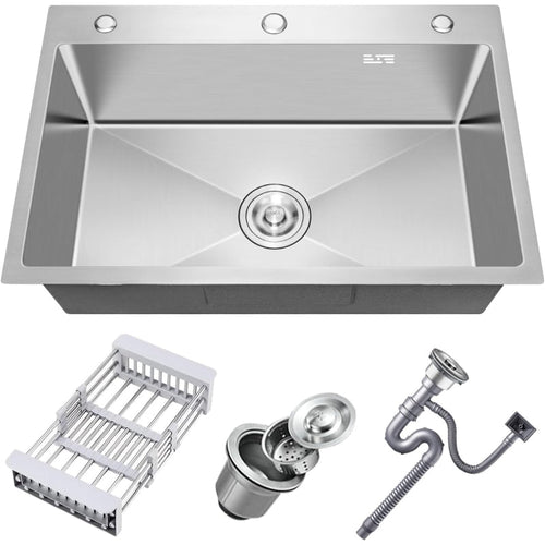 24x18 Inch Handmade Kitchen Sink – 304 Stainless Steel Single Bowl with Drain & Rinse Basket