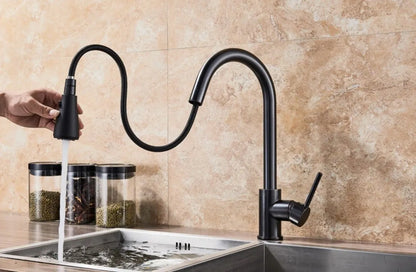 SUS 304 High Arc Pull-Out Kitchen Faucet | 360° Swivel Hot & Cold Mixer Tap – Silver, Black, Gold & Gun Grey