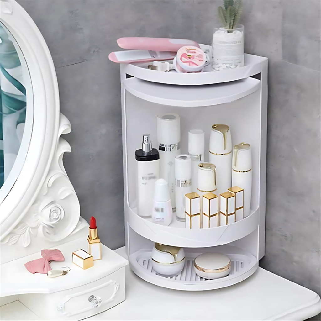 360° Rotating Corner Cabinet Rack | Waterproof Bathroom & Kitchen Storage Shelf – Drill-Free Wall Mount