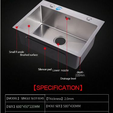 24x18 Handmade Kitchen Sink Stainless Steel 6045 – Single Bowl Sink with Drain & Rinse Basket