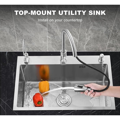 20x16 Handmade Kitchen Sink Stainless Steel 5040 – Single Bowl with Drain & Rinse Basket