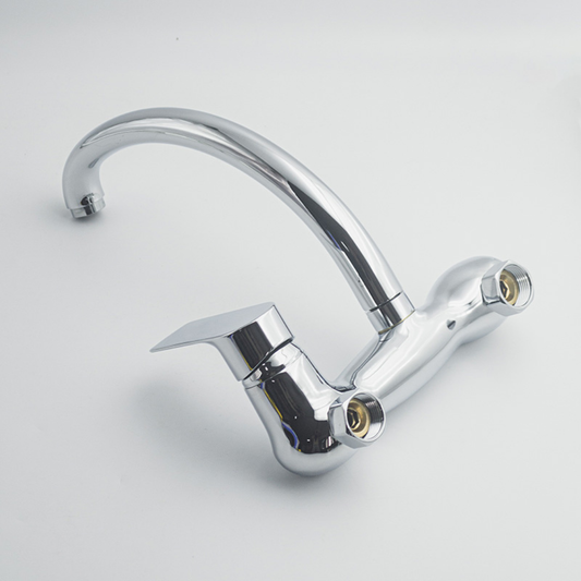 Glossy Chrome Wall Mounted Sink Mixer Tap | Hot & Cold Single Lever Kitchen Faucet with Swivel Spout
