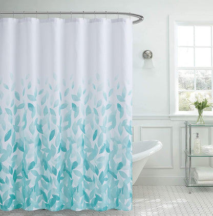 Aqua Ombre Leaves Textured Fabric Shower Curtain Set | 70"×72" Bathroom Curtain with 12 Metal Rings – Machine Washable