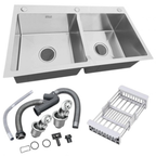 32×18 Inches Handmade Kitchen Sink 8245 | 304 Stainless Steel | Double Bowl | Drains + Rinse Basket