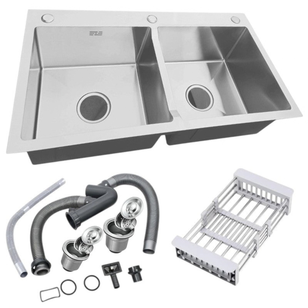 32×18 Inches Handmade Kitchen Sink 8245 | 304 Stainless Steel | Double Bowl | Drains + Rinse Basket