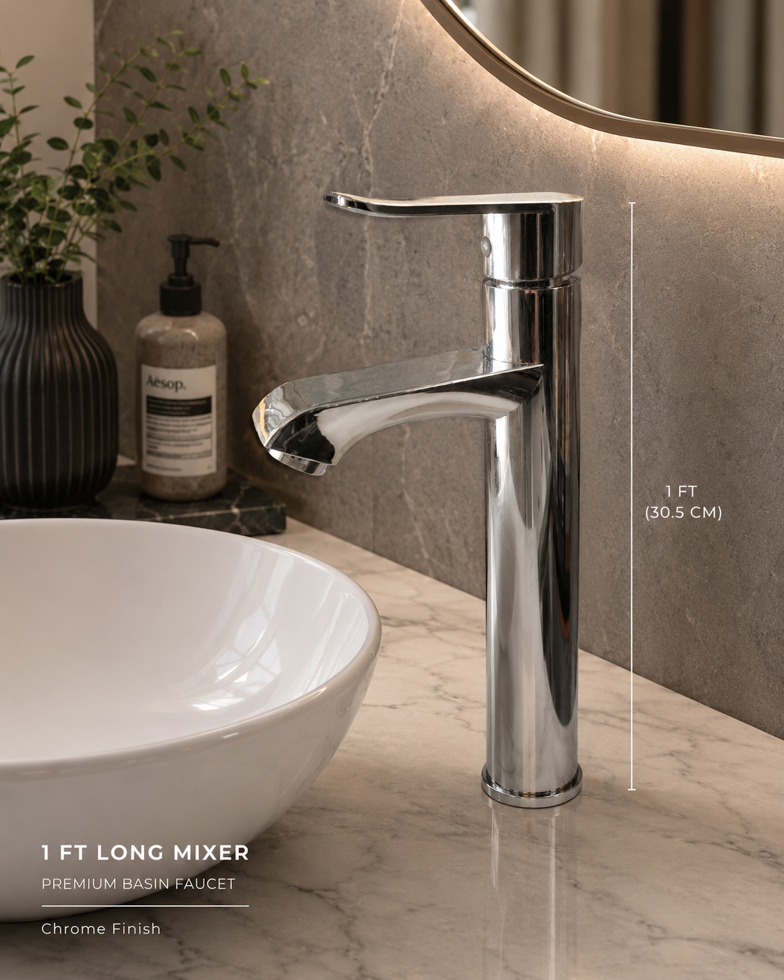 Premium Tall Chrome Vanity Basin Mixer Tap | Single Lever Hot & Cold Bathroom Faucet (30.5 cm)