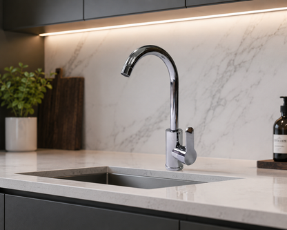 Modern Chrome High-Arc Kitchen Sink Mixer Tap | Single Handle 360° Swivel Hot & Cold Faucet