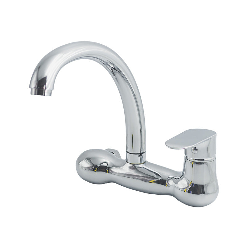 Glossy Chrome Wall Mounted Sink Mixer Tap | Hot & Cold Single Lever Kitchen Faucet with Swivel Spout