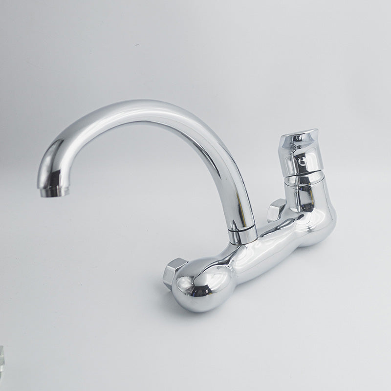 Glossy Chrome Wall Mounted Sink Mixer Tap | Hot & Cold Single Lever Kitchen Faucet with Swivel Spout