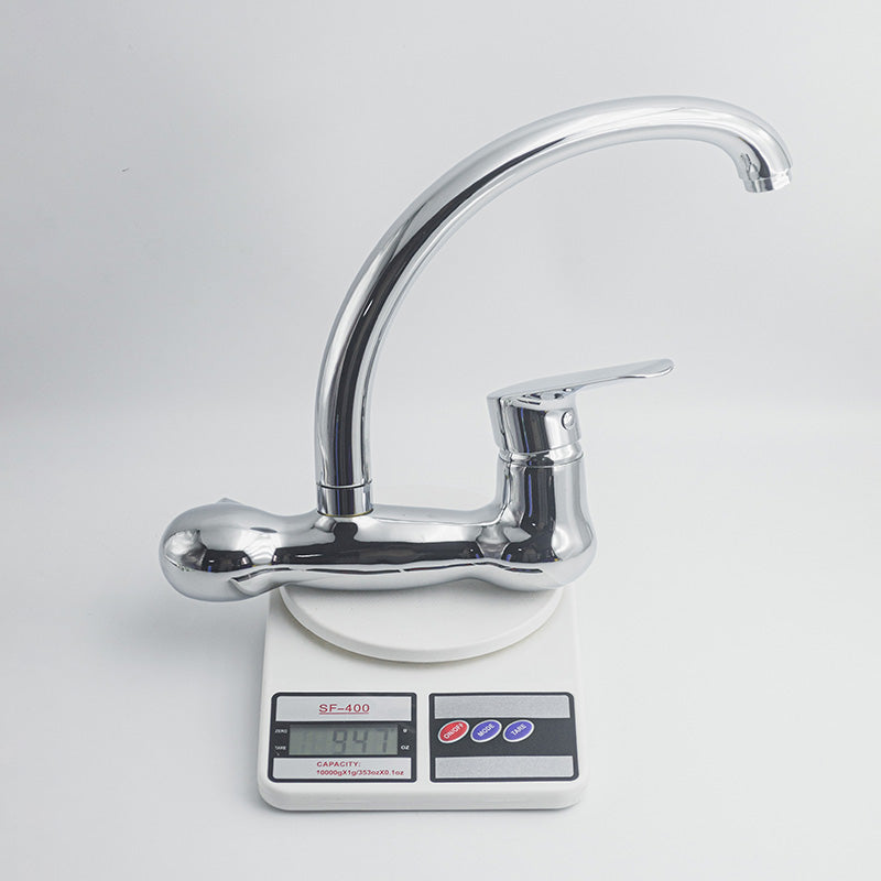 Glossy Chrome Wall Mounted Sink Mixer Tap | Hot & Cold Single Lever Kitchen Faucet with Swivel Spout