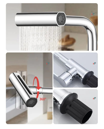 Waterfall Kitchen Faucet with Pull Down Sprayer | 3-Mode 360° Swivel Stainless Steel Sink Mixer Tap