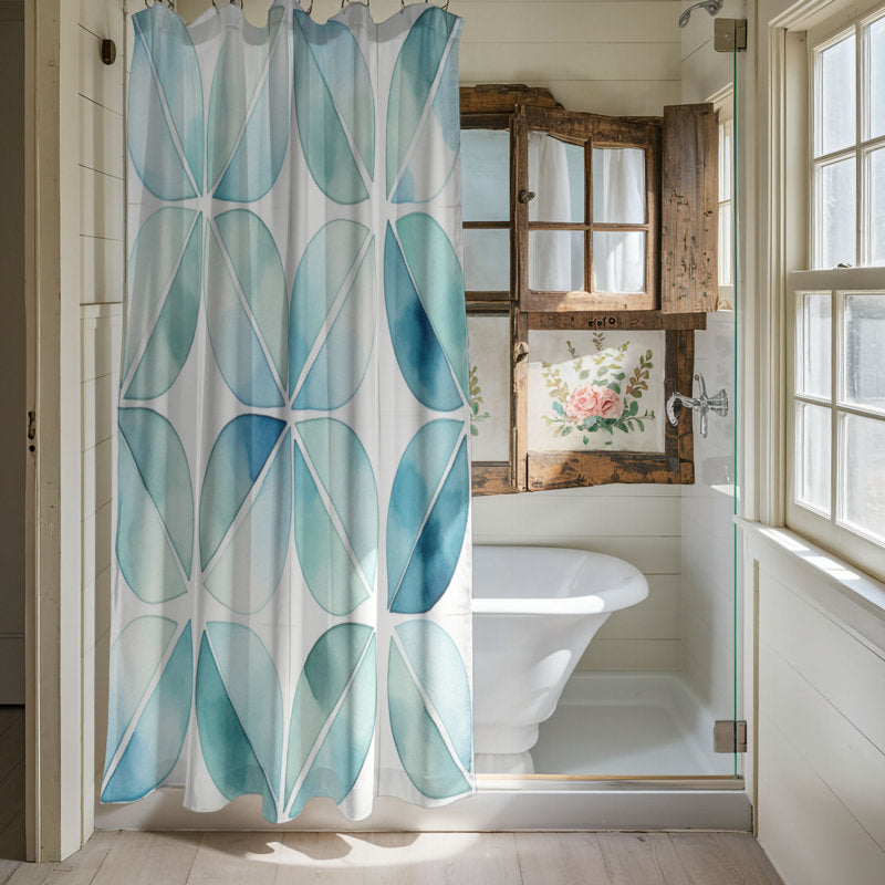 Aqua Ombre Leaves Textured Fabric Shower Curtain Set | 70"×72" Bathroom Curtain with 12 Metal Rings – Machine Washable