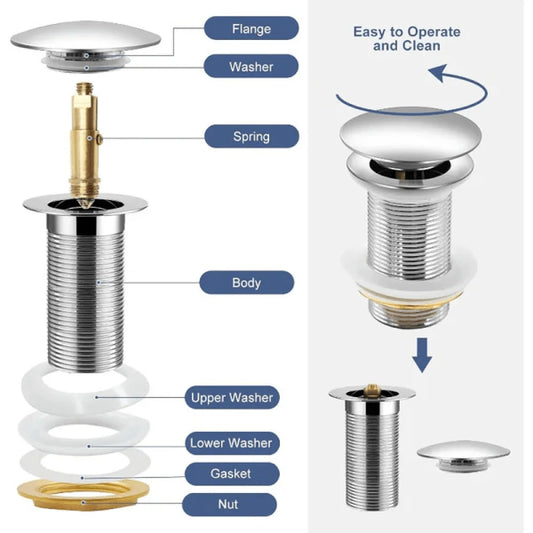 4 Inch Chrome Push Waste Pop-Up Drain | Bathroom Basin & Vanity Sink Waste