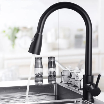 SUS 304 High Arc Pull-Out Kitchen Faucet | 360° Swivel Hot & Cold Mixer Tap – Silver, Black, Gold & Gun Grey