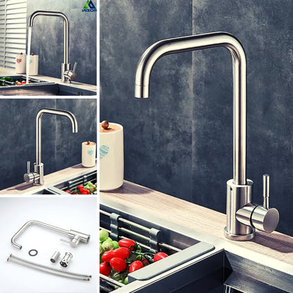 SUS 304 Stainless Steel Kitchen Sink Mixer Tap | 360° Swivel Hot & Cold Single Lever Faucet